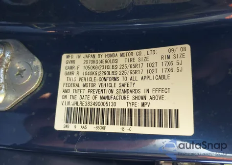 2009 Honda Cr-V Lx z USA, uszkodzony, nr VIN JHLRE38349C005130